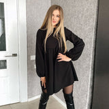 O-Neck Folds Lantern Sleeve Casual Dresses Autumn Solid Color A-Line Loose Comfort High Waist Dress For Women New