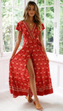 Zjkrl - Women Bohemian V Neck Summer Maxi Dress Butterfly Short Sleeve Floral High Split Long Dress Wrap High Waist Bandage Sundress