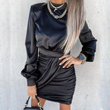 Zjkrl - Elegant Satin Solid Autumn Mini Dress Fashion Half High Neck Pleated Party Dress Casual Long Sleeve Slim A-line Dresses Vestidos