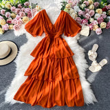 Zjkrl New Summer Women Dress Ruffled Short-sleeved Chiffon Dress V-neck Sexy Beach Long Dress Backless Cake Dresses Vestidos