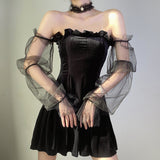 Zjkrl - Gothic Sexy Dress Vintage Off Shoulder Lantern Sleeve Mesh Patchwork Velvet Mini Dress Dark Street Black Dress for Female