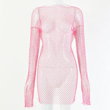 Zjkrl - Diamond Sexy Bodycon Dress Women Hollow Out Long Sleeve Mini Dress Summer See Through Party Vestidos Mujer Verano