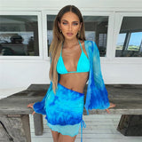 Summer Mesh Long Sleeve Crop Top Mini Skirts Two Piece Holiday Matching Set Print Fashion Outfits See Through Y2K Bodycon Skirt