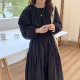 Simple Elegant Women Dress Autumn Chic O-neck Folds Puff Sleeve High Waist Solid Color Dresses Female Autumn Fashion
