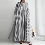 Zjkrl - Autumn Casual Loose Maxi Dress Women Vintage Turn-down Collar Striped Shirt Boho Beach Wedding Long Office Vestidos