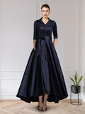 Zjkrl On Sale Charming Dark Navy Mother of the Bride Dresses with 3/4 Sleeves V Neck Bow Belt Wedding Party Dresses High Low 2023
