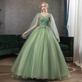 Zjkrl Quinceanera Dress Elelgant V-neck Green Party Prom Ball Gown Vintage Lace Embroidery Solo And Host Quinceanera Dresses