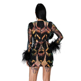 Zjkrl Women Sexy Sequins Feather Night Club Party Dress Deep V Neck Sheer Mesh Long Sleeve Bodycon Mini Dresses Vestidos