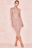 Zjkrl Bodycon Dress Rayon High Quality Turtleneck Long Sleeve Lace Up Bandage Dress Ribbed Knee-Length Sexy Vestidos Dobanmbd