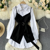 Shirt Dress 2 Pieces Set for Women Long Sleeve White Top and Long Sling Casual Korean Fashion Dresses Sets Black Gray