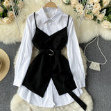 Shirt Dress 2 Pieces Set for Women Long Sleeve White Top and Long Sling Casual Korean Fashion Dresses Sets Black Gray