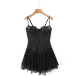 Romantic Women Lace Patchwork Sexy Sling Dress Ladies Satin Chiffon Super-Short Dress Summer Beach Vestido