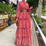 Zjkrl - Boho Pattern Print Ruffle Summer Beach Dress Spring Elegant Turtleneck Office Ladies Dress Women Lantern Sleeve Long Party Dress