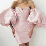 Zjkrl Puff Sleeves Trendy Pink Mini Dress Sexy Off Shoulder  Design Celebrity Party Club Satin Dresses Vestido