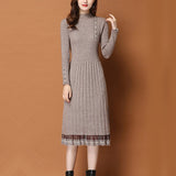 Zjkrl - Lace Hem Buttons Women Autumn Winter Sweater Knitted a line Dresses Ribbed Slim Elastic Long Sleeve Lady Bodycon Midi Dresses
