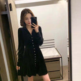 Zjkrl - Autumn Winter women's Velvet Dress Red Sexy slim Pleated Short Dress Elegant V Neck Long Sleeve Button Party Dresses for Women