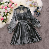 spring new female stand collar lantern sleeve sequins velvet with mesh A-line dresses women&#39;s beading elegant Dress