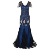 Zjkrl - Formal dress retro 1920s sequin evening dress V-neck short sleeve mesh bead fishtail skirt women party special ocasion