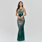 Sleeveless O-neck Evening Party Dress Shinning Sequins Mermaid Prom Gowns Elegant Slim Robe De Soriee Women Full Dress 2023 New