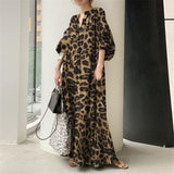 Zjkrl - Fashion Printed Maxi Dress Women's Leopard Sundress 2022 Spring Puff Sleeve Long Vestidos Female V Neck Robe Oversize