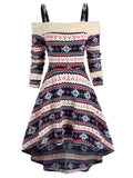 Vintage Elegant Dress Women Aesthetic Cold Shoulder Tribal Print High Low Dress Vestidos Party Dresses