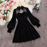 spring new female stand collar lantern sleeve sequins velvet with mesh A-line dresses women&#39;s beading elegant Dress