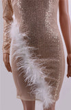 Sheer Mesh Patchwork Feathers Sequins Dress One Shoulder Long Sleeve Bodycon Mini Night Club Party Dresses Vestidos