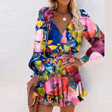 Zjkrl - Fashion Vintage Colorful Floral Print Party Dress Women Spring Summer Elegant V-Neck Drawstring Ruffle Mini Dresses Casual Dress