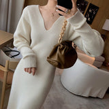 Zjkrl - Elegant Long White Knitting Dress Women Winter V-Neck Long Sleeve Bodycon Dress Korean Office Lady High Waist Vintage Dress