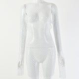 Zjkrl - Diamond Sexy Bodycon Dress Women Hollow Out Long Sleeve Mini Dress Summer See Through Party Vestidos Mujer Verano