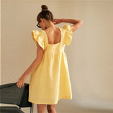 Square Collar Butterfly Sleeve Backless High Waist Loose Linen