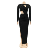 Zjkrl - Elegant Glitter Solid Ruched Long Women Dress Sexy Cut Out O Neck Long Sleeve High Slit Evening Club Party Dress Robe Christmas