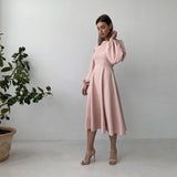 Zjkrl - CHURSES Sexy Backless Midi Dress Lantern Sleeve O-Neck Autumn Folds A-Line Fashion Party Night Club Long Dresses For Women