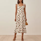 Zjkrl - Dresses For Women 2023 Elegant Vintage Floral Dress Frill Sweetheart Neck Sleeveless Strap Tie Ruffle Hem Summer Beach Dress
