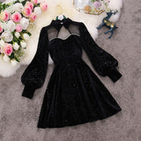 spring new female stand collar lantern sleeve sequins velvet with mesh A-line dresses women&#39;s beading elegant Dress