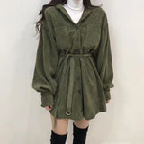 Women Vintage Front Pockets Sashes A-line Dress Lantern Sleeve Turn Down Collar Solid Party Dress Winter Casual New Dress
