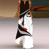 Ladies Spring Summer Long Dress Women Black Sleeveless V-neck Loose Party Dresses Casual Face Print Vintage Beach Dress
