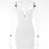 Spaghetti Strap Ruched Dress Women 2023 Spring Sexy Slim Elegant Clubwear Solid Sleeveless Backless Sheath Dress Female