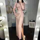 Zjkrl Elegant Women Bodycon Party Dress Summer Long Sleeve Slim Fit Sundress Femme Robe Solid Round Neck Ladies Long Dress Cover Up