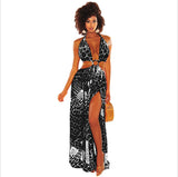 New Bohemian Beach Dress for Women Halter Deep V Neckline Print Party Gowns Side Split Sexy Vacation Dress