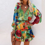 Zjkrl - Fashion Vintage Colorful Floral Print Party Dress Women Spring Summer Elegant V-Neck Drawstring Ruffle Mini Dresses Casual Dress