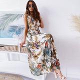 Zjkrl - Casual Loose Bohemian Beach Vacation Summer Midi Dress For Women Fashion Print Lace Up Sexy Backless Deep V-neck Maxi Dresses