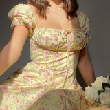 Zjkrl - Fashion Floral Printed Summer Dress  Women Puff Short Sleeve Casual BOHO Front Lace-Up Vintage Sundress Party Wear