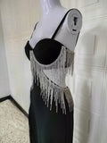 Zjkrl Sexy Spaghetti Tassel Diamond Tight Dress Maxi Club Luxury Bodycon Dress Backless High Slit Dress Celebrity Evening Party Dress