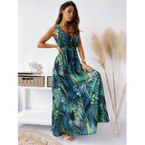 Zjkrl - Casual Loose Bohemian Beach Vacation Summer Midi Dress For Women Fashion Print Lace Up Sexy Backless Deep V-neck Maxi Dresses