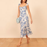 Zjkrl - Dresses For Women 2023 Elegant Vintage Floral Dress Frill Sweetheart Neck Sleeveless Strap Tie Ruffle Hem Summer Beach Dress