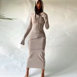 Long Sleeve Hooded Patchwork Skinny Maxi Dress Autumn Winter Women Fashion Streetwear Casual Outfits
