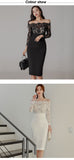 new arrival fashion korean spring midi party dress women OL temperament lace perspective sexy off-shoulder holiday pencil dress
