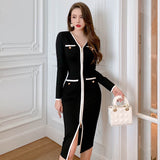 Zjkrl - Autumn Vintage Female Knitted Stretch Split Midi Party Dress Ladies Elegant Long Sleeve Zippe Bodycon Pocket Button Black Dress