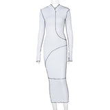 Long Sleeve Hooded Patchwork Skinny Maxi Dress Autumn Winter Women Fashion Streetwear Casual Outfits